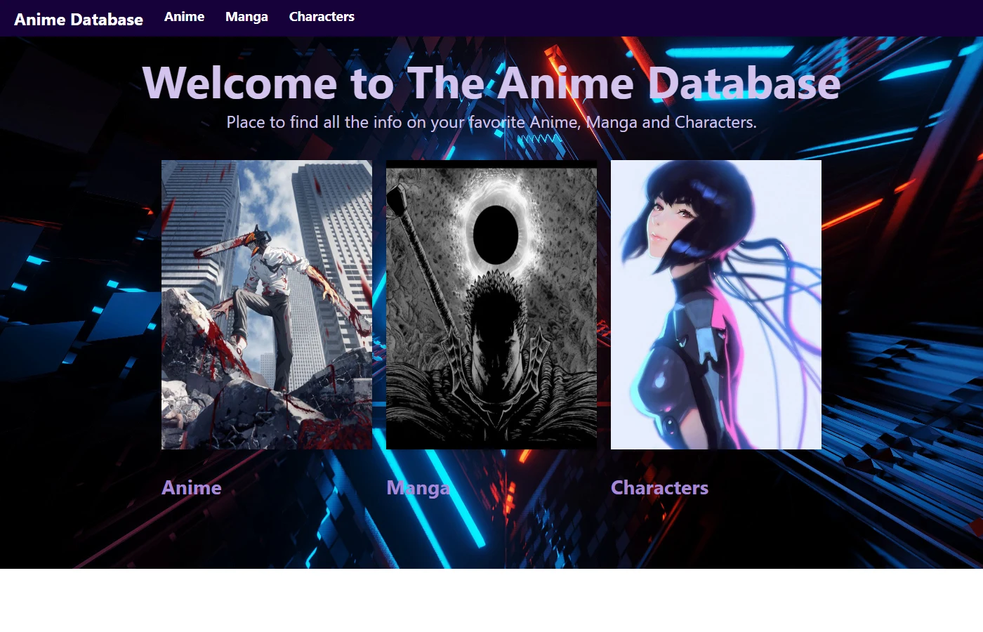 Anime Database home page with Anime, Manga, and Characters tiles.