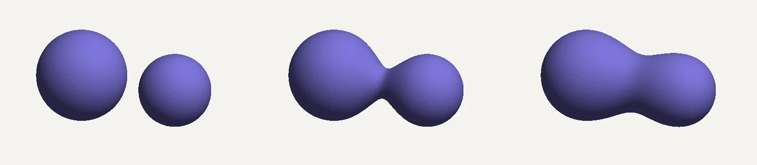 Three Goop meshes showing a hard union and two increasing smooth-union blend radii.