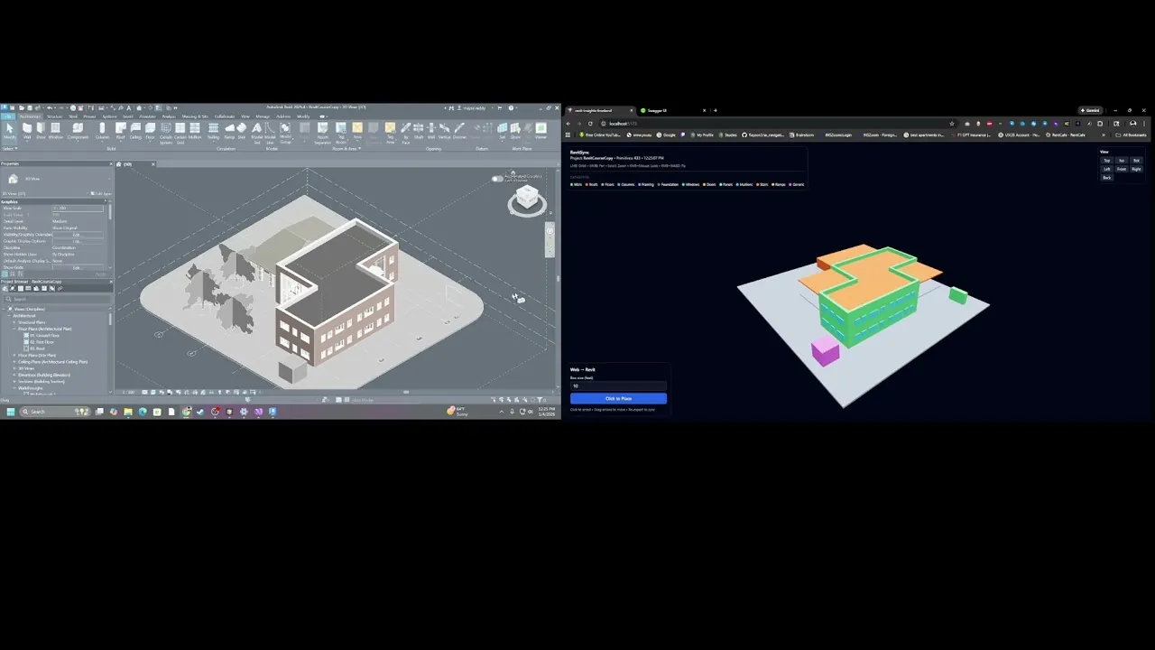 Revit model on the left and the synced bounding-box web viewer on the right, from the project demo video.
