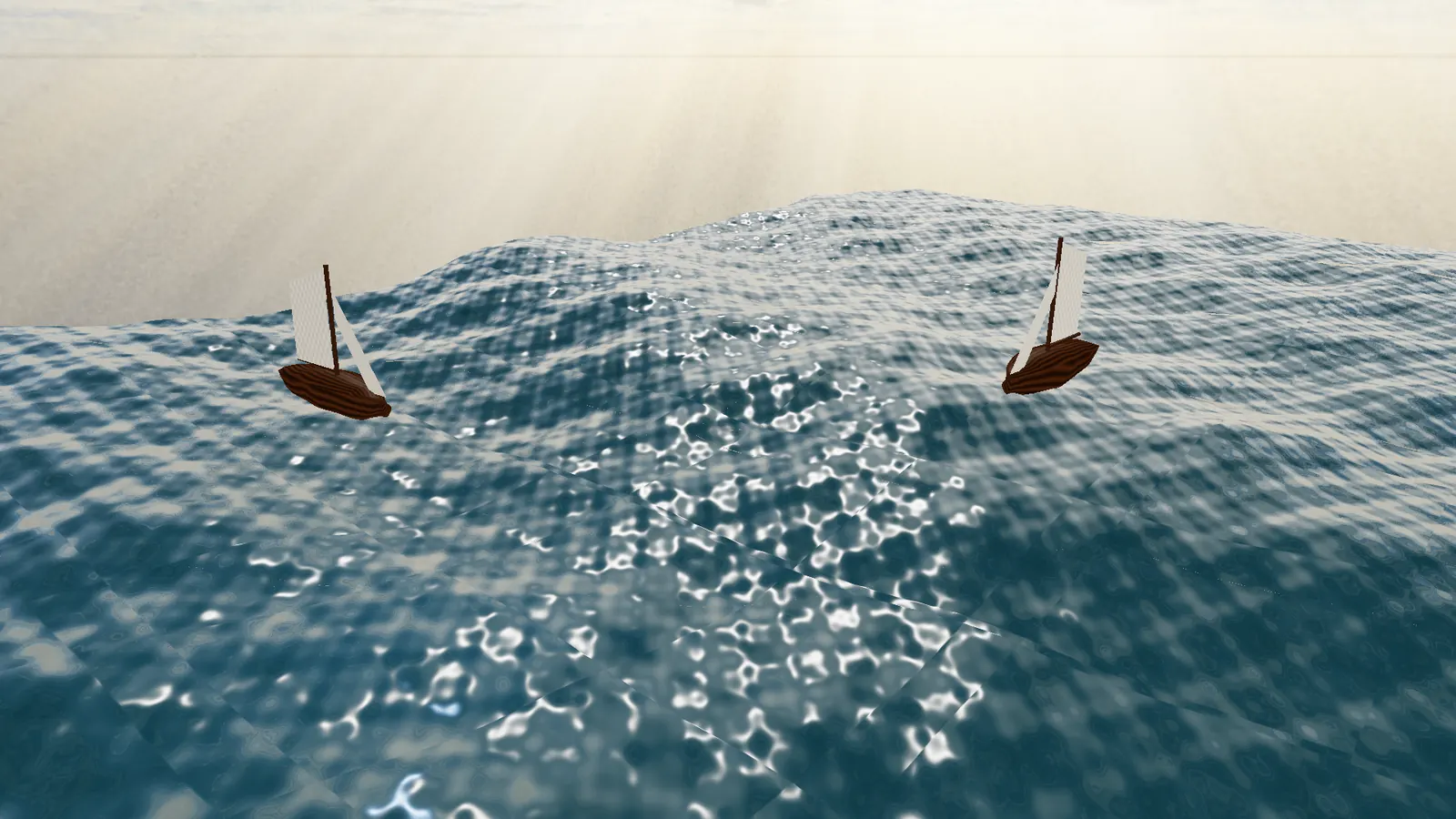 Two sailboats on a tessellated Gerstner ocean rendered by the Sailing Renderer.